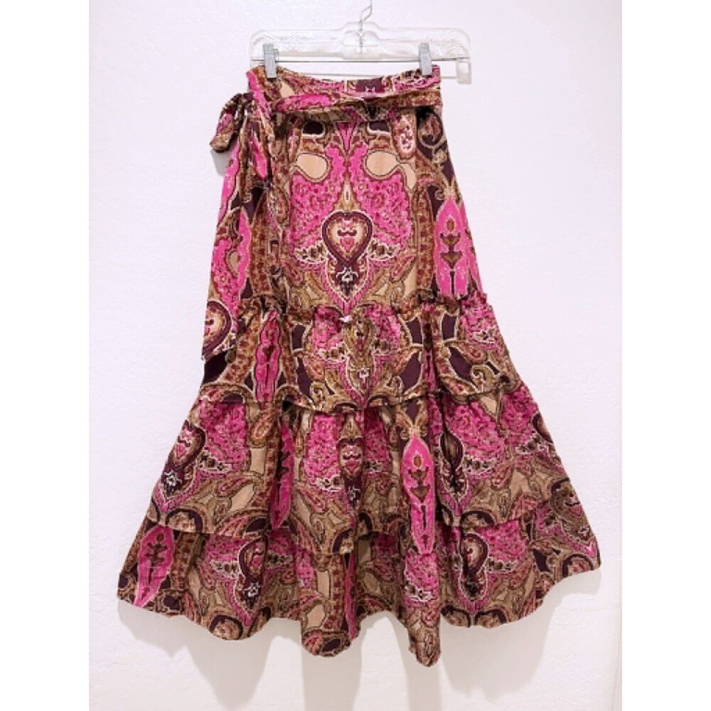A Loves A Small Tiered Paisley Maxi Skirt Linen Blend Boho Gypsy Festival Casual